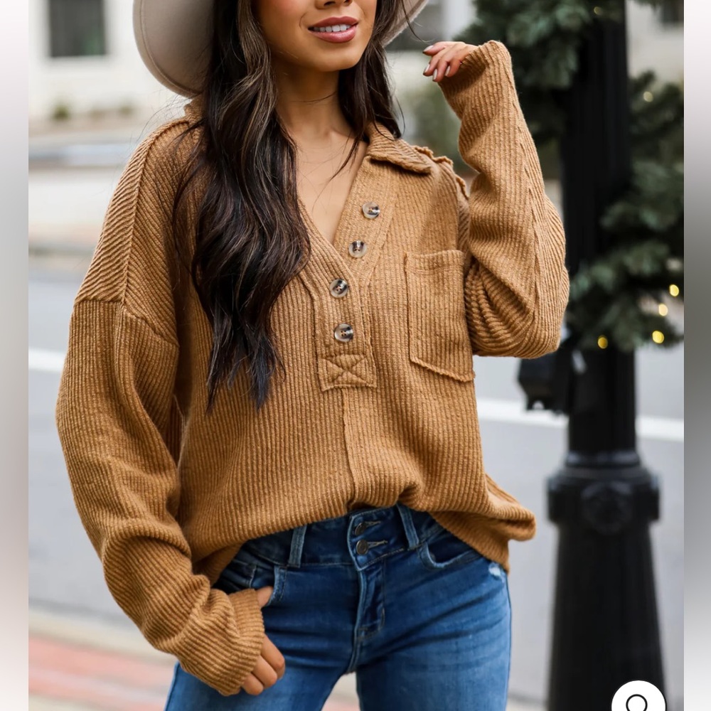 Collared Knit Henley Top Camel Small